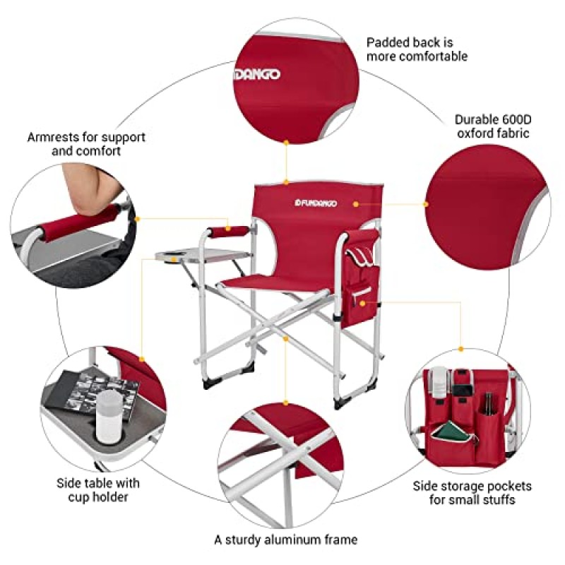 팔걸이가 있는 FUNDANGO 알루미늄 캠핑 디렉터 의자, 사이드 테이블 및 우산 홀더가 있는 휴대용 경량 접이식 야외 캠핑 의자, 캠핑 낚시 피크닉 경기장을 위한 풀백 잔디 의자