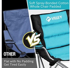 VILLEY 캠핑 의자, 패딩 처리된 접이식 의자, 야외 휴대용 하이캠프 의자, 컵 홀더 및 휴대용 가방이 있는 접이식 외부 팔 의자, 블루