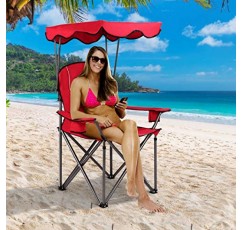 GYMAX 캠핑 의자, 캐노피가 있는 접이식 야외 잔디 의자, 휴대용 가방 및 컵 홀더, 외부 여행용 휴대용 고강도 캠프 의자, 피크닉, 해변 축구 의자