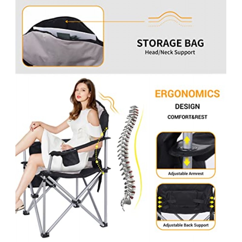 WGOS 온열 캠핑 의자, 접이식 의자 캠핑 온열 의자, 12V 10000mAh 배터리가 포함된 조절식 의자 등받이, 휴대용 가방, 쿨러 백, 컵 홀더 및 지퍼가 달린 홀더(2개 세트)