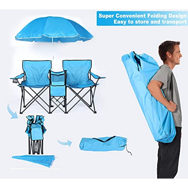 DOALBUN 더블 휴대용 피크닉 의자 접이식 캠핑 의자/우산 테이블 음료 홀더 휴대용 가방 쿨러 접이식 테이블 파티오 풀 공원 야외 해변 캠핑 의자(블루)