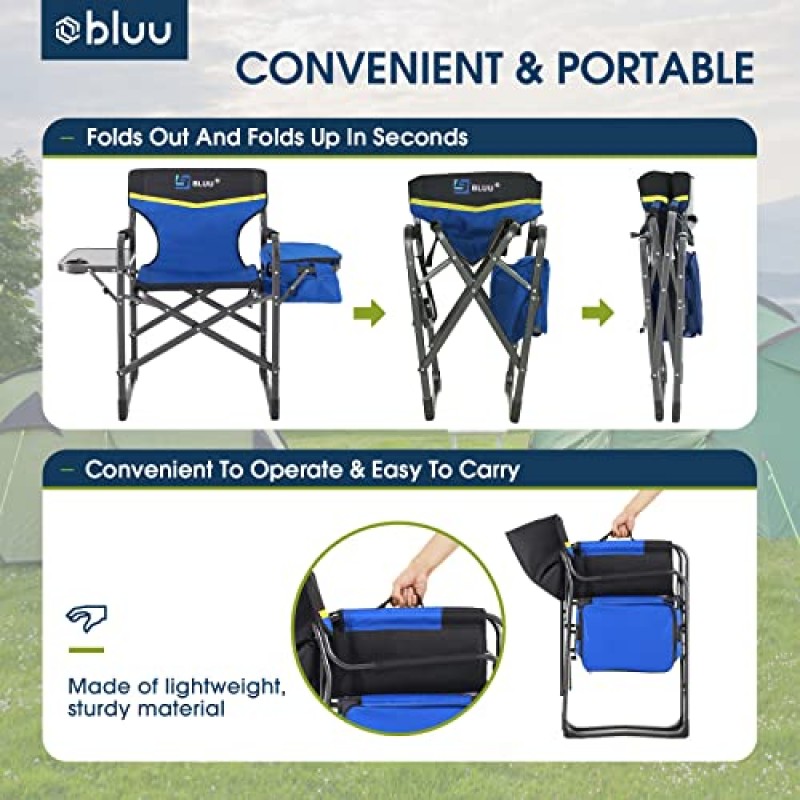 BLUU 알루미늄 접이식 캠핑 의자, 성인용 헤비 듀티 캠프 디렉터 의자, 사이드 테이블과 쿨러 백이 있는 경량 의자, 야외, 캠프, 파티오, 잔디밭, 정원, 해변, 여행용 400파운드 지원