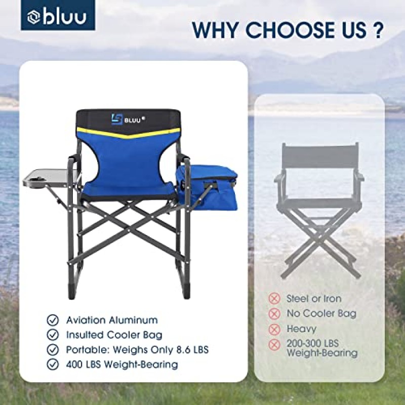 BLUU 알루미늄 접이식 캠핑 의자, 성인용 헤비 듀티 캠프 디렉터 의자, 사이드 테이블과 쿨러 백이 있는 경량 의자, 야외, 캠프, 파티오, 잔디밭, 정원, 해변, 여행용 400파운드 지원