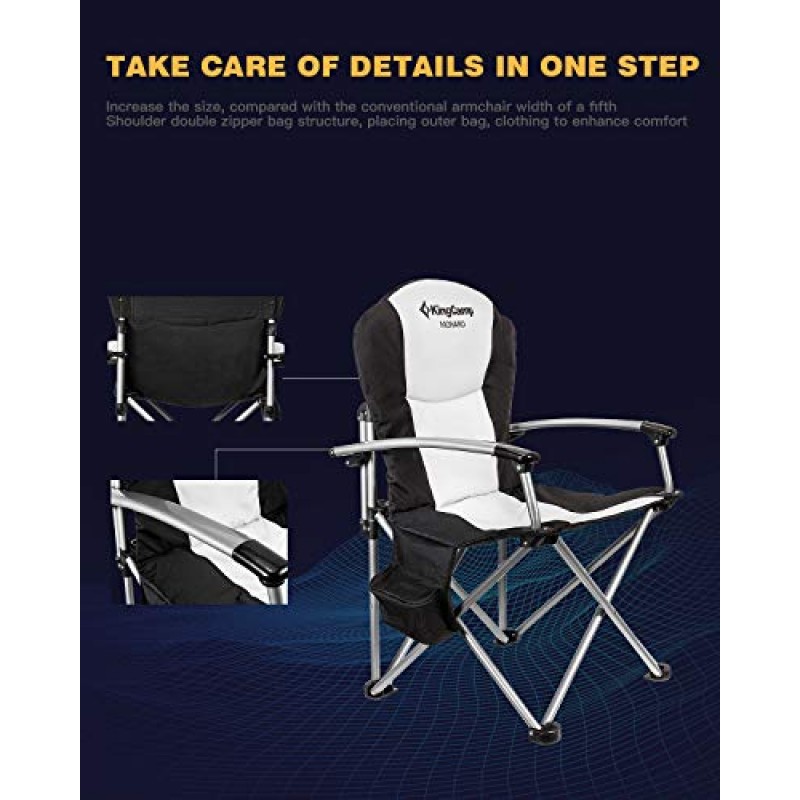 KingCamp 접이식 캠핑 의자, 헤비 듀티 대형 쿨러 백 캠프 의자, 353lbs 지원, 야외 및 해변용 패딩 팔 의자