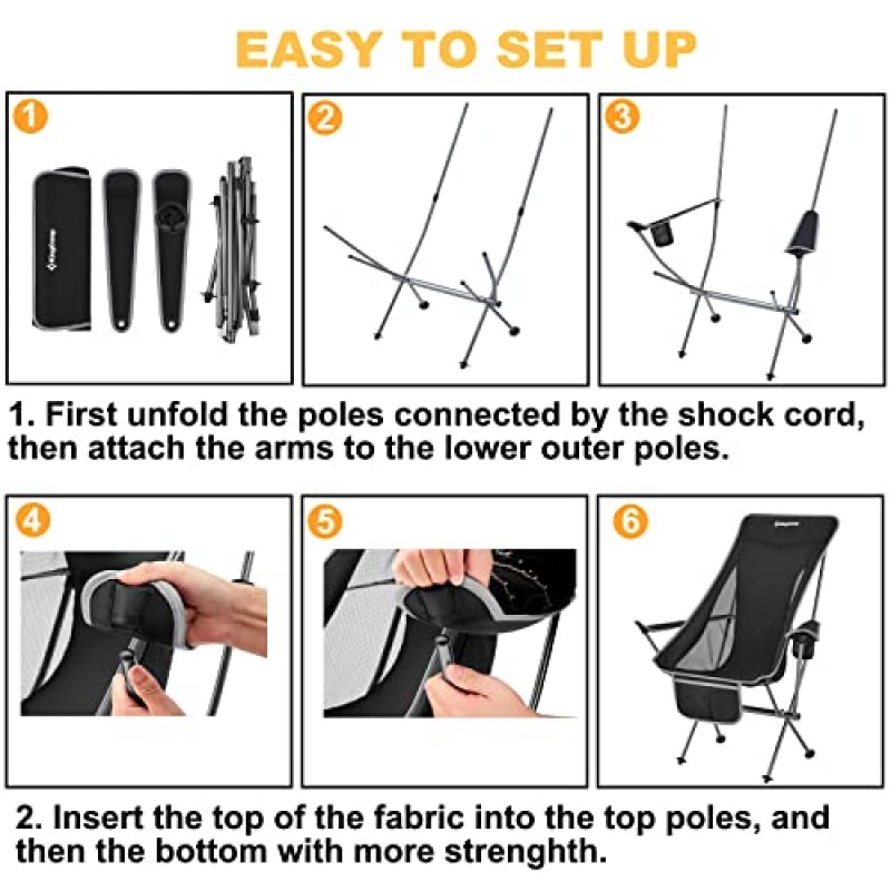 팔걸이가 있는 KingCamp 컴팩트 캠핑 의자 성인용 초경량 하이백 배낭 의자 경량 접이식 의자 헤비 듀티 지원 265 Lbs 여행용 휴대용, 잔디밭, 축제, 블랙