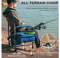 로드 홀더와 쿨러가 포함된 EVER ADVANCED 접이식 낚시 의자, 조절 가능한 발, 어깨 끈이 있는 메쉬 백 캠핑 의자, 보관 파우치, 헤비 듀티 지원 350LBS(블루)