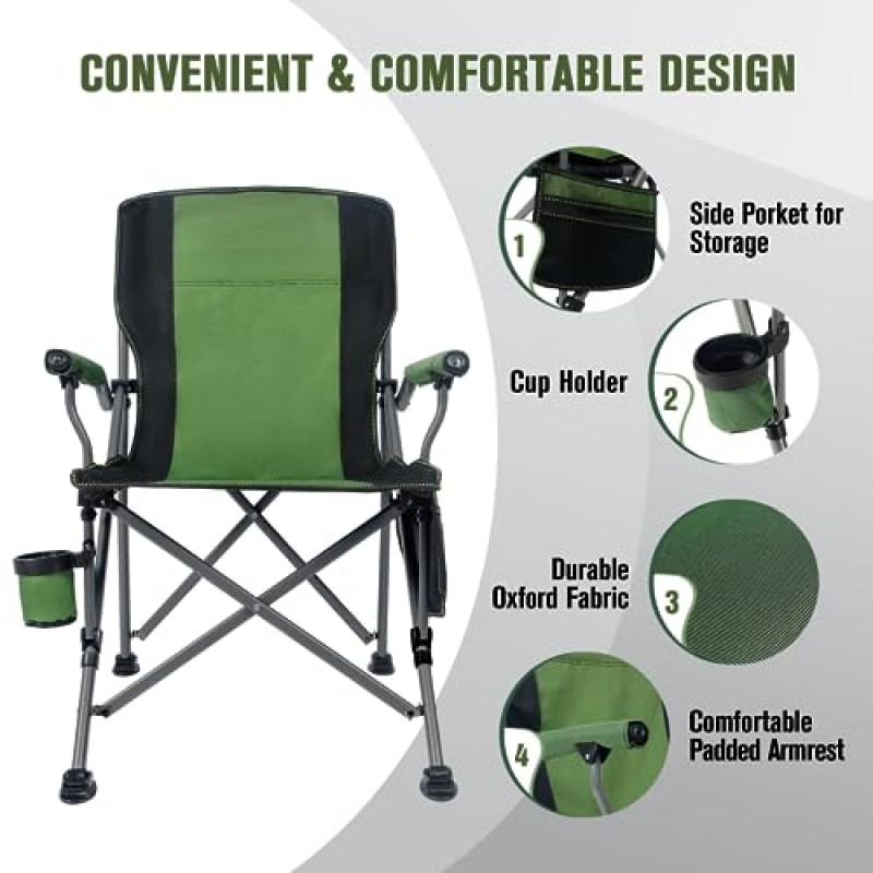 Homcosan 휴대용 캠핑 의자 접이식 쿼드 야외 대형 헤비 듀티 지원 330lbs 두꺼운 600D 옥스퍼드 팔걸이, 보관 가방, 음료 홀더, 외부용 운반 가방(녹색)