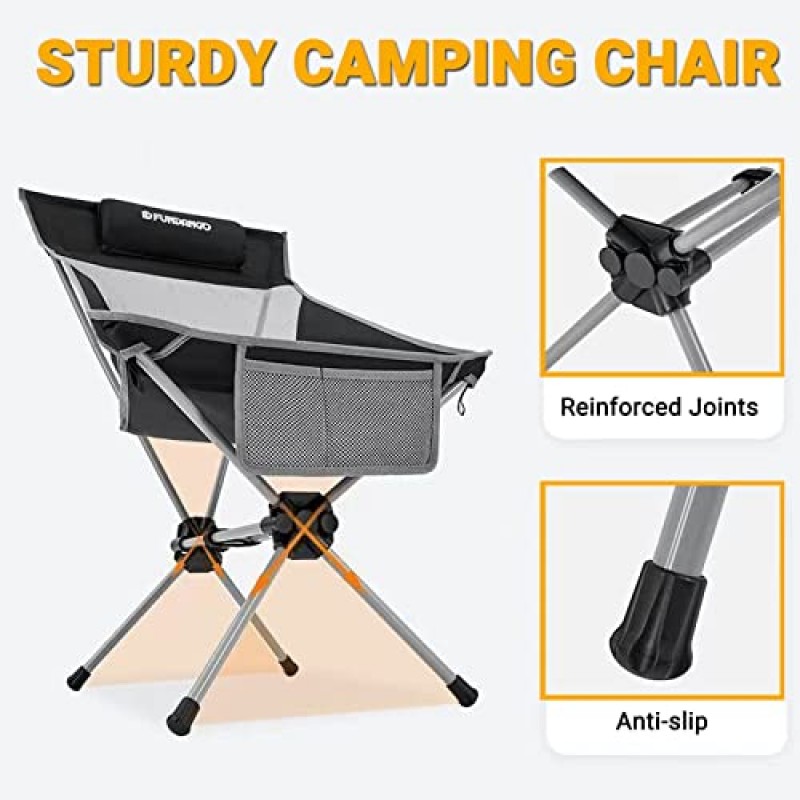 FUNDANGO 성인용 하이 백 캠핑 의자 바베큐 야외 잔디 하이킹 낚시 피크닉을위한 머리 받침이있는 휴대용 초경량 접이식 캠프 의자