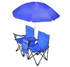 GoTeam 나일론 휴대용 이중 접이식 의자, 탈부착식 우산, 쿨러백, 휴대용 케이스 포함, 해변, 캠핑용 - 블루