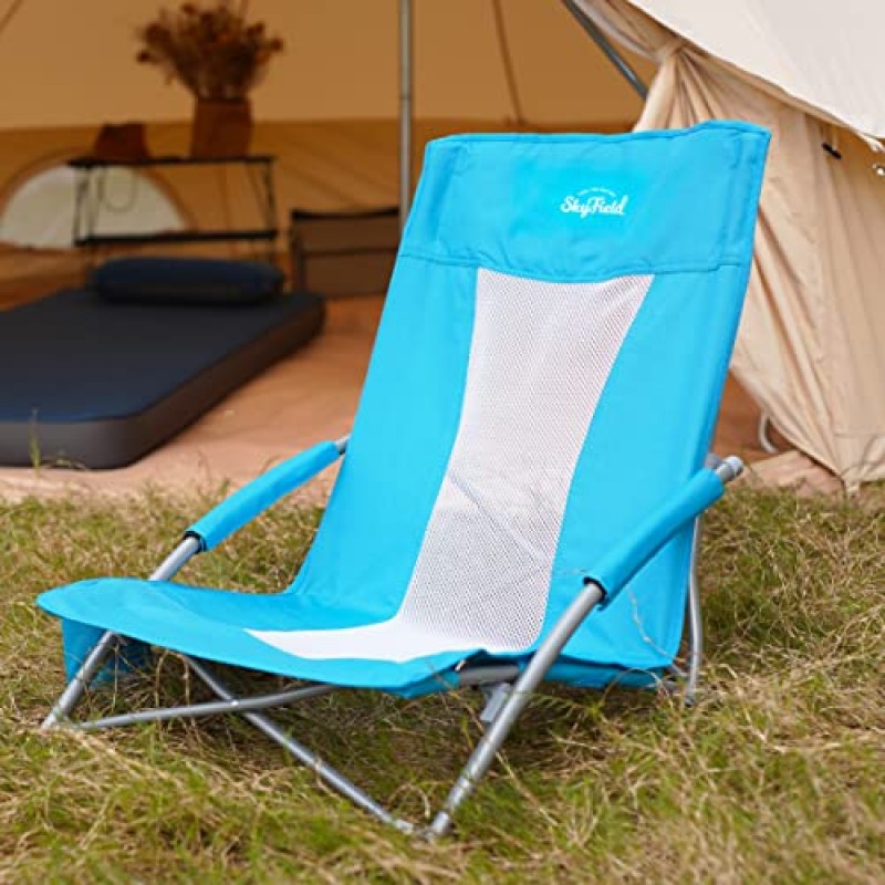 SKYFIELD 성인용 로우 비치 의자 캠핑, 해변, 피크닉, 실외용 컵 홀더, 휴대용 가방 포함 초경량 접이식 의자, 블루 1팩