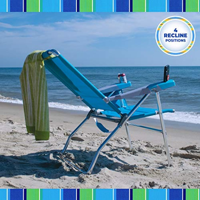 Rio Beach 17인치 확장 높이 4위치 접이식 해변 의자, 컵 홀더|팔걸이|접이식, 알루미늄, 파란색/흰색 및 Rio Beach 17인치 확장 높이 4위치 접이식 해변 의자, 알루미늄, 청록색