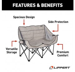 Lippert 캠프파이어 접이식 2인용 의자(500파운드 포함) 무게 용량, 휴대용 가방, 내구성 있는 메쉬 직물, 하이 로프트 쿠셔닝, 수납 포켓, 듀얼 컵홀더, 스템 와인잔 홀더(샌드) - 2021000205