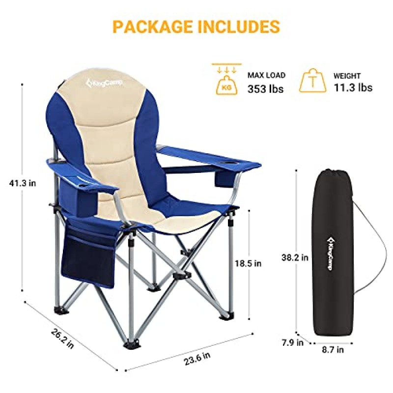 KingCamp 요추 등받이 패딩 처리된 대형 접이식 캠핑 의자(쿨러 백 팔걸이 및 컵 홀더 포함), 헤비 듀티는 낚시 스포츠 피크닉을 위해 350파운드를 지원합니다.