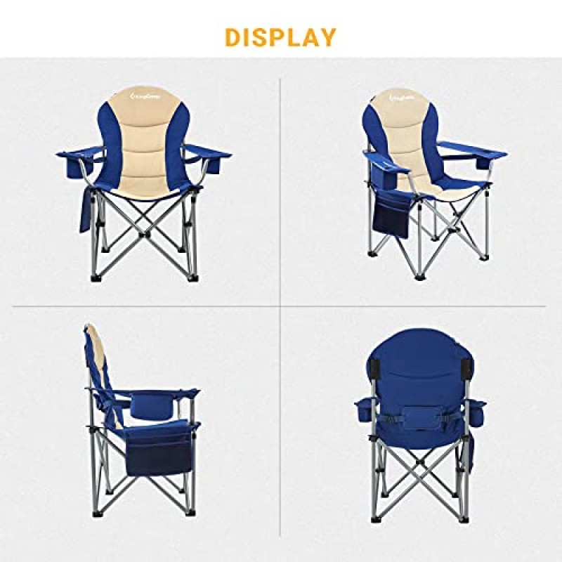 KingCamp 요추 등받이 패딩 처리된 대형 접이식 캠핑 의자(쿨러 백 팔걸이 및 컵 홀더 포함), 헤비 듀티는 낚시 스포츠 피크닉을 위해 350파운드를 지원합니다.