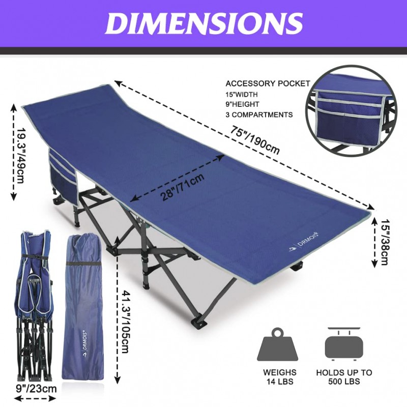 DRMOIS 캠핑 침대, 성인 어린이를 위한 대형 휴대용 접이식 야외 침대, 여행 장비 공급업체용 침대, 사무실 낮잠, 450파운드 지원 - 네이비 블루 - 수면 패드 매트리스 포함