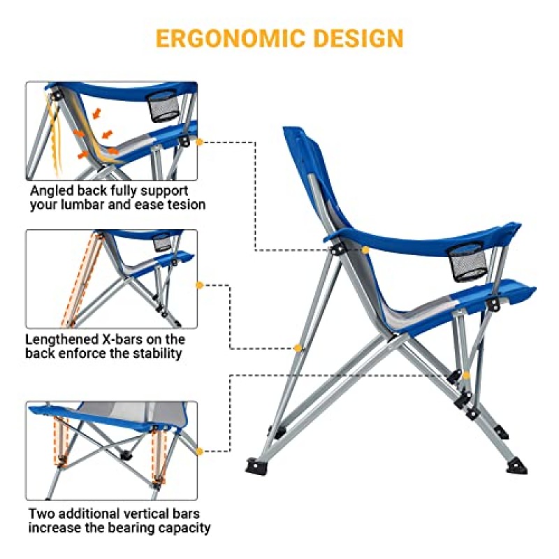 KingCamp 접이식 하드 팔걸이 야외 캠프, 컵 홀더, 사이드 포켓, 외부, 피크닉, 여행, 바베큐용 잔디 의자 성인. 300파운드, 표준, 파란색/회색 2개