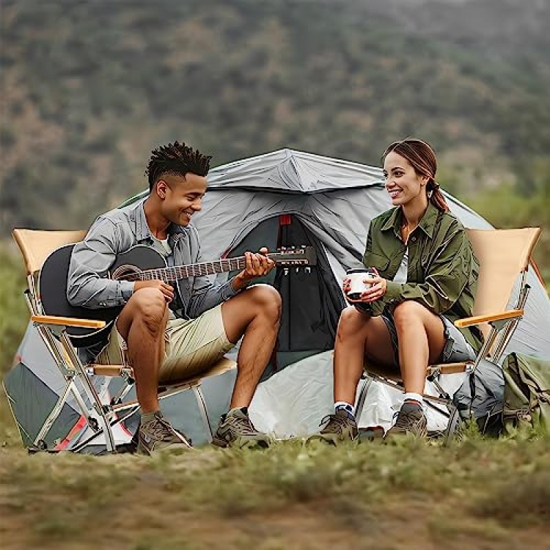 doubob 캠핑 의자 접이식 해변 잔디 휴대용 의자 나무 팔걸이, 성인용 초경량 알루미늄 합금, 카키색 야외 의자