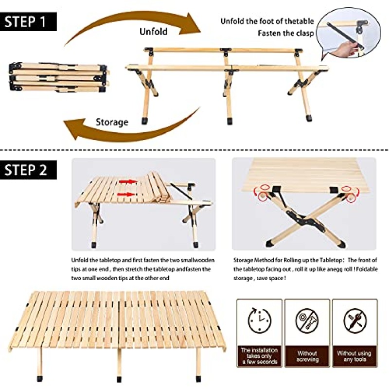 CALEPTONG 휴대용 캠핑 접이식 나무 테이블 야외 피크닉 테이블, 피크닉 캠핑, 바베큐, 여행용 가방이있는 케이크 롤 나무 캠핑 테이블-51 인치