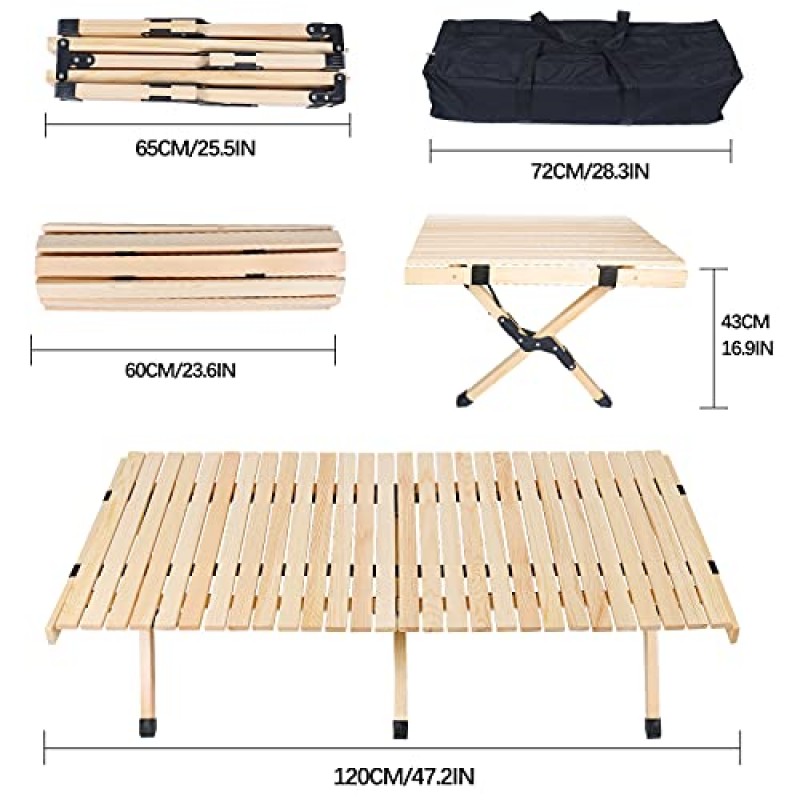CALEPTONG 휴대용 캠핑 접이식 나무 테이블 야외 피크닉 테이블, 피크닉 캠핑, 바베큐, 여행용 가방이있는 케이크 롤 나무 캠핑 테이블-51 인치