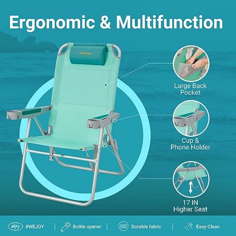 #WEJOY 17인치 대형 해변 의자, 성인용 조절 가능한 리클라이닝 접이식 배낭 해변 의자 5개, 병따개가 포함된 높은 뒷좌석 의자, 핸들 스트랩, 캠핑 모래용 전화 및 컵 홀더, 300파운드