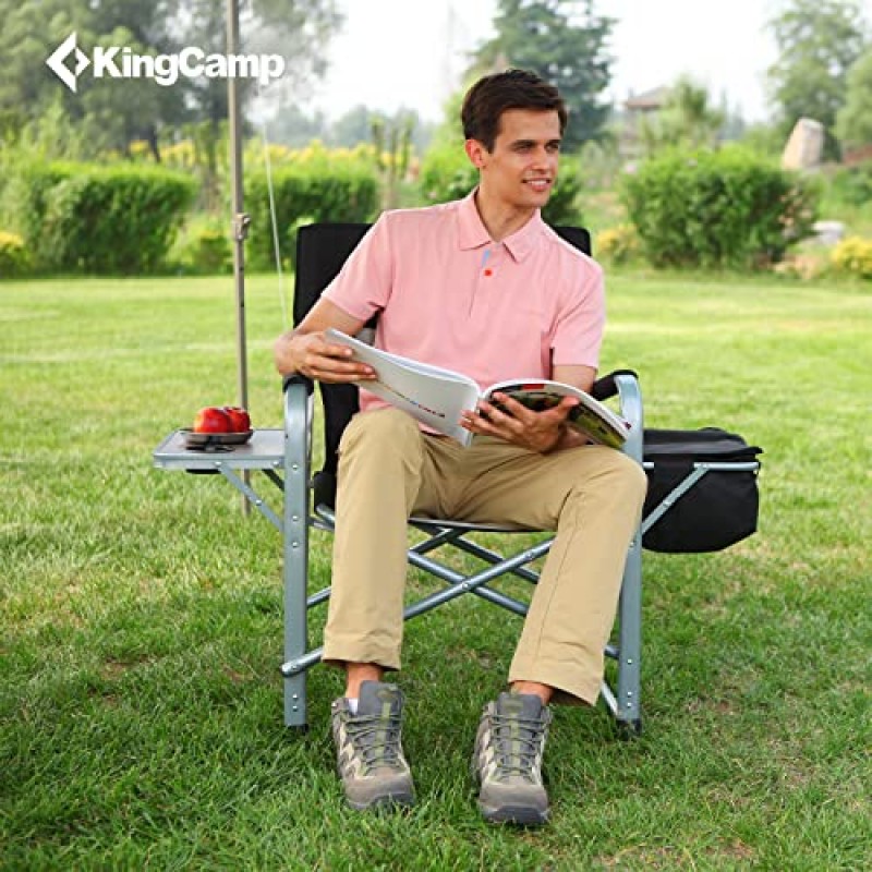 KingCamp 캠핑 디렉터 의자 성인용 경량 야외 접이식 의자 사이드 테이블 쿨러 백이 있는 헤비 듀티 의자 대형 패딩 캠프 의자 지원 330 lbs