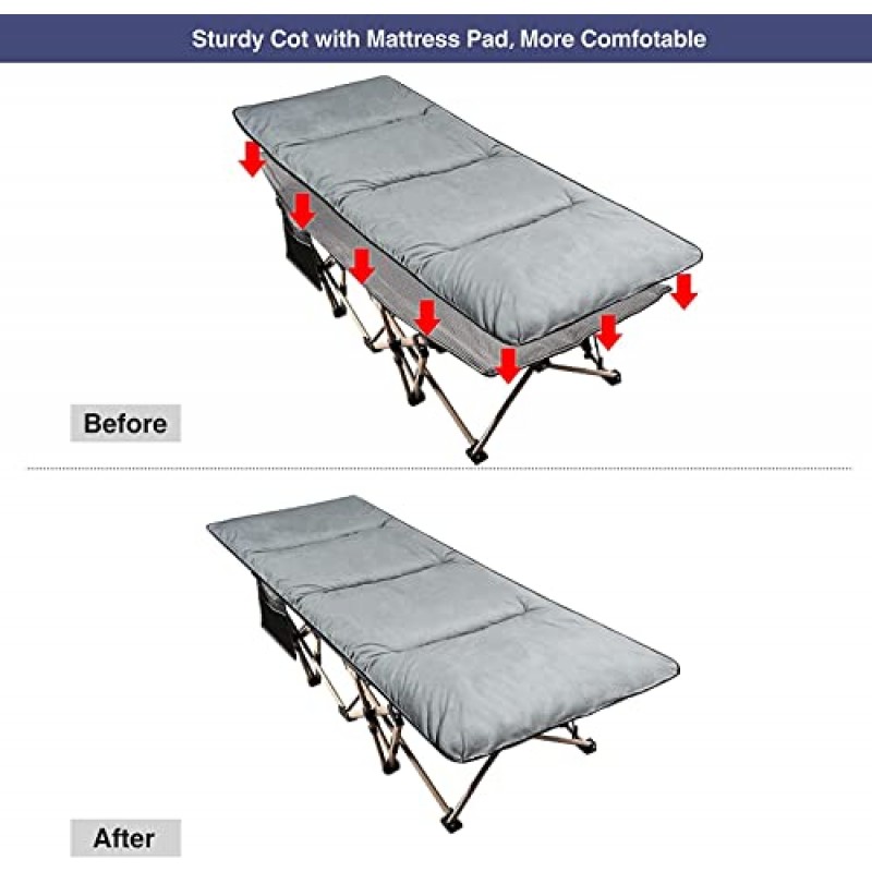 성인용 유아용 침대 패드가 있는 REDCAMP 접이식 캠핑 유아용 침대 500lbs, 더블 레이어 옥스퍼드 캠프 사무실용 강력한 헤비 듀티 와이드 슬리핑 유아용 침대, 휴대용 가방 포함, 회색
