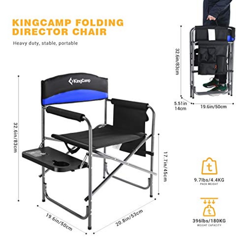 KingCamp Director 헤비 듀티 접이식 야외 사이드 테이블 및 보관 포켓 휴대용 캠핑 Driector 의자, X-Large, Black/RoyalBlue-2 팩