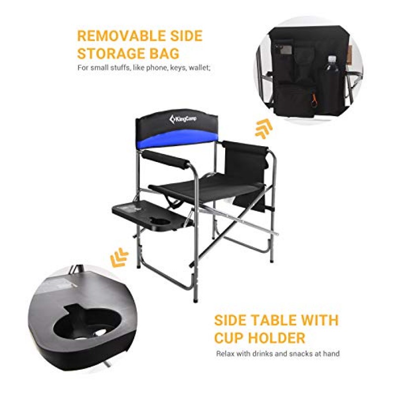 KingCamp Director 헤비 듀티 접이식 야외 사이드 테이블 및 보관 포켓 휴대용 캠핑 Driector 의자, X-Large, Black/RoyalBlue-2 팩