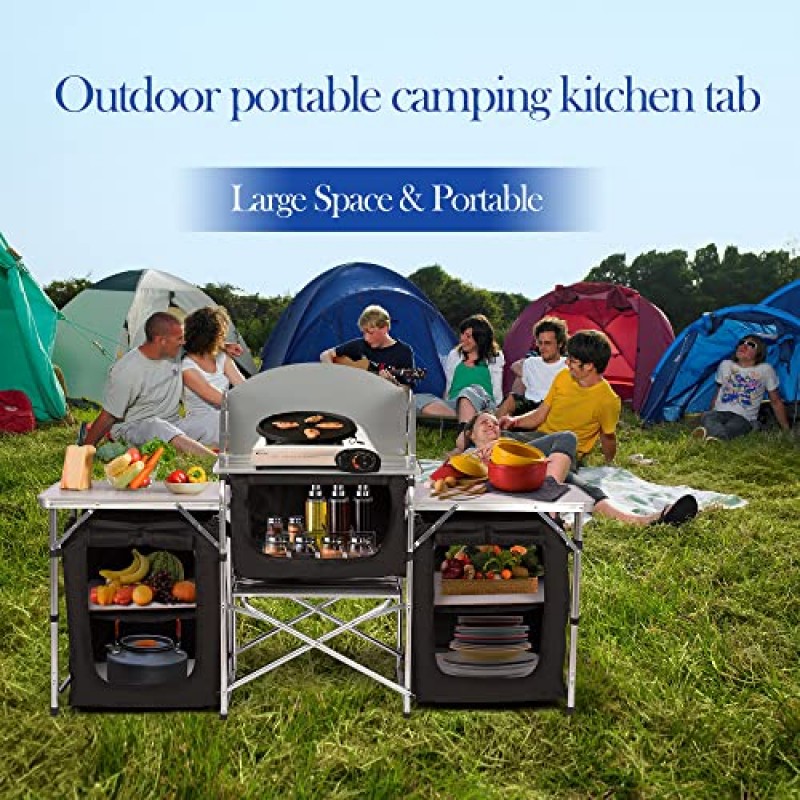 PETKABOO 휴대용 캠핑 주방 테이블과 수납 정리함 3개. 야외캠프 주방, 바비큐, 파티, 피크닉을 위한 야외 접이식 캠핑 테이블 (블랙)