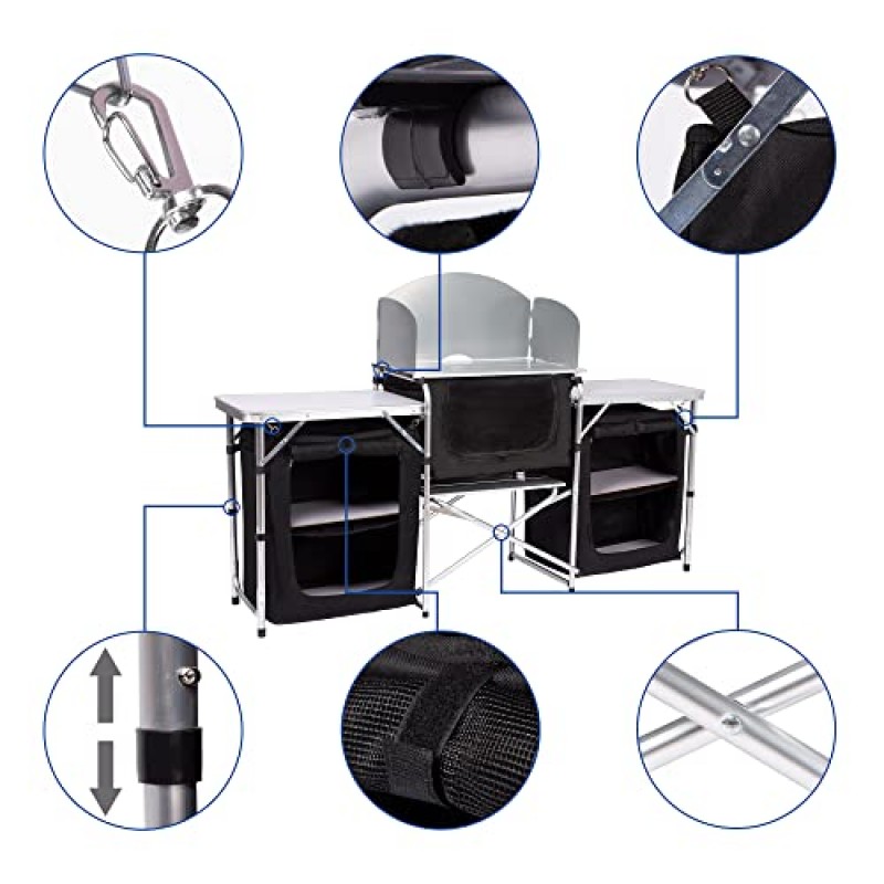 PETKABOO 휴대용 캠핑 주방 테이블과 수납 정리함 3개. 야외캠프 주방, 바비큐, 파티, 피크닉을 위한 야외 접이식 캠핑 테이블 (블랙)