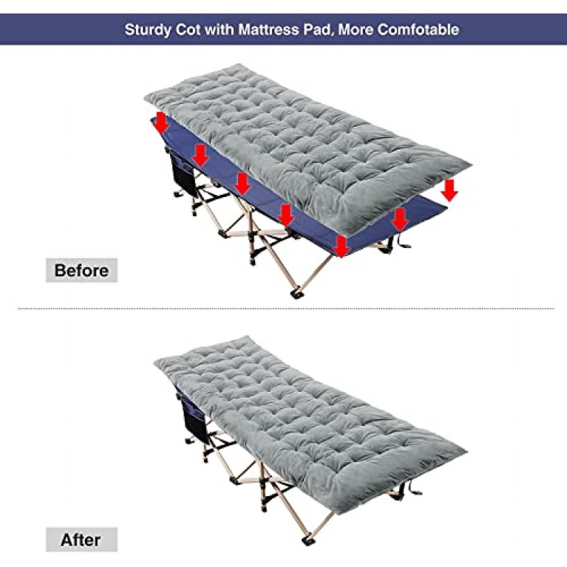 REDCAMP 접이식 캠핑 침대(성인용 두꺼운 침대 패드 포함) 헤비 듀티, 캠프 사무실 사용을 위한 28