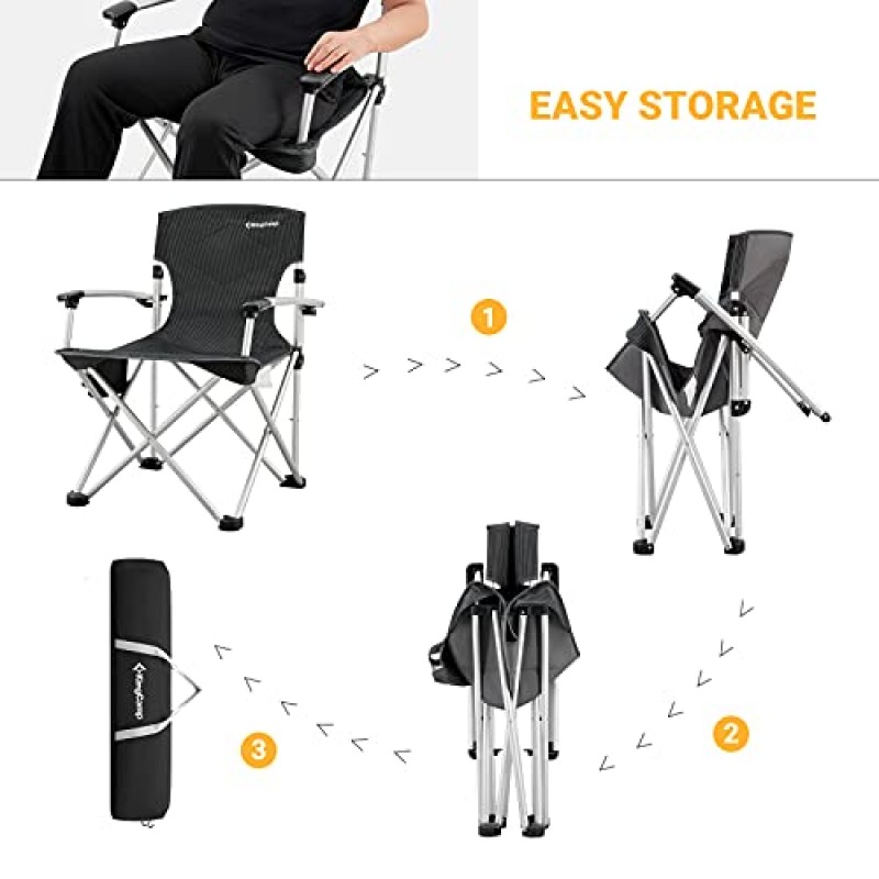 KingCamp 알루미늄 단단한 팔걸이(컵 홀더 포함) 휴대용 패딩 디럭스 의자(캐리 백 포함), 헤비 듀티는 야외용 300lbs 지원, 검정색