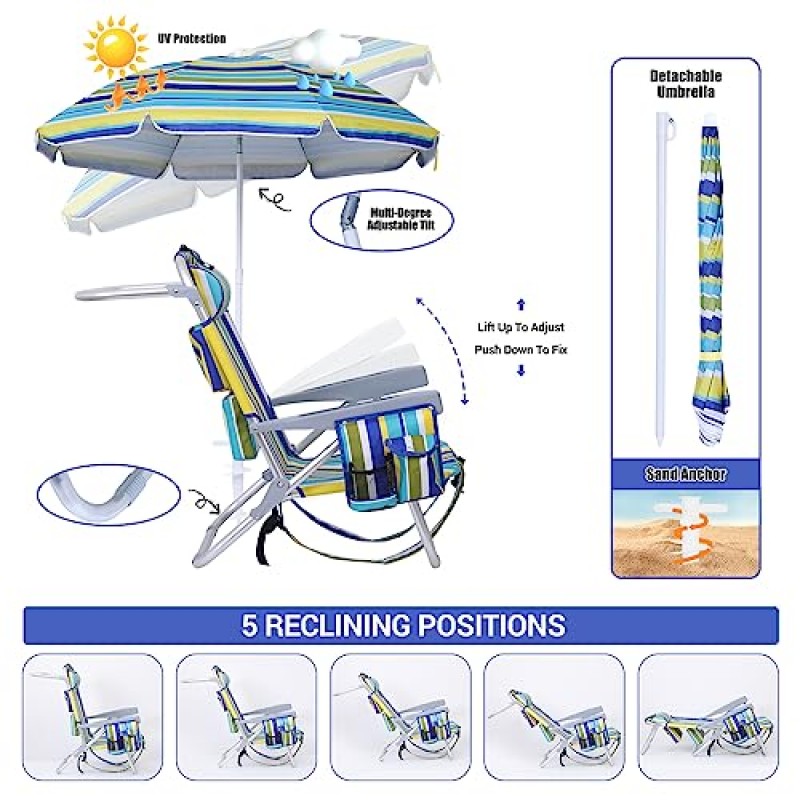 WGOS 비치 체어, 비치 체어 및 우산, 배낭 비치 체어 성인용 비치 체어(우산 및 쿨러 포함), 접이식 의자 해변용 안감 의자, 야외(2개 세트)