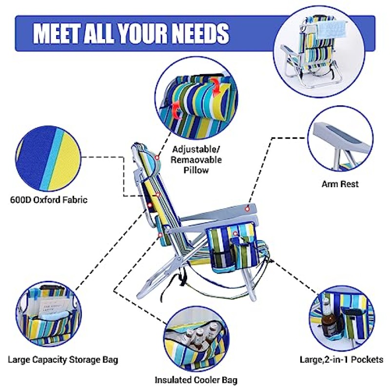 WGOS 비치 체어, 비치 체어 및 우산, 배낭 비치 체어 성인용 비치 체어(우산 및 쿨러 포함), 접이식 의자 해변용 안감 의자, 야외(2개 세트)