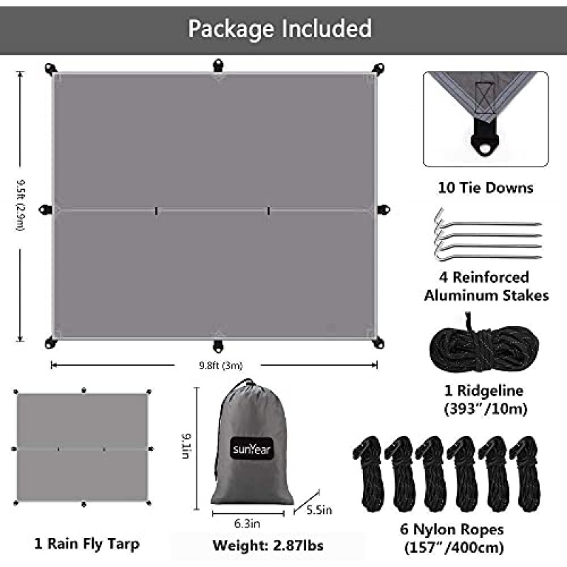 폭풍, 눈에 대비한 32피트 긴 능선이 있는 이동식 No See-Um Net 및 Rain Fly Tarp가 있는 Sunyear 해먹 캠핑, 야외 배낭 여행 하이킹 및 생존에 가장 적합