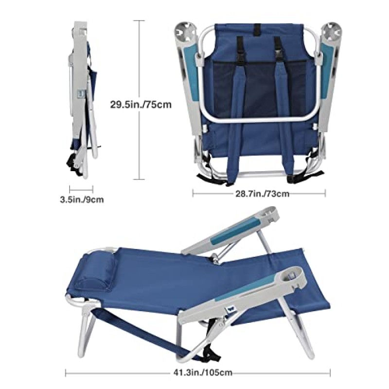 RedSwing 휴대용 배낭 해변 의자, 성인용 다중 위치 접이식 낮은 해변 의자, 콘서트, 해변, 피크닉용 알루미늄 헤비듀티 소형 의자, 블루 2팩