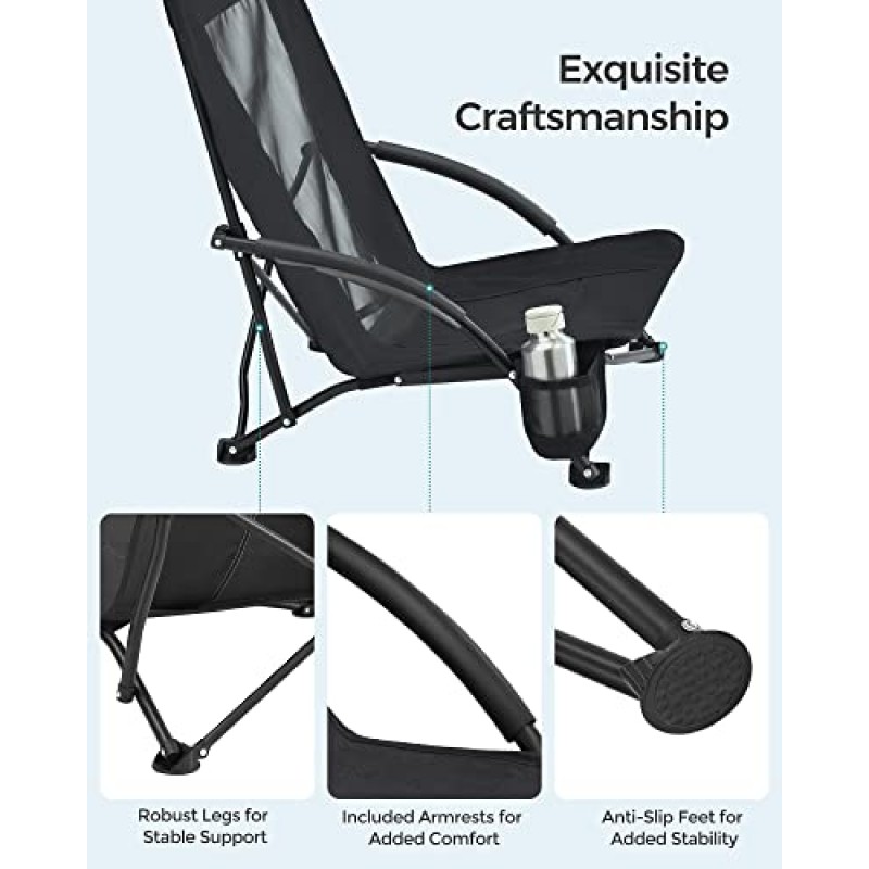 SONGMICS 휴대용 해변 의자, 등받이가 높음, 330lb 하중, 컵 홀더, 접이식, 경량, 편안함, 고강도, 야외용 의자, 검정색 UGCB067B01