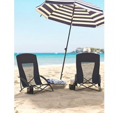 SONGMICS 휴대용 해변 의자, 등받이가 높음, 330lb 하중, 컵 홀더, 접이식, 경량, 편안함, 고강도, 야외용 의자, 검정색 UGCB067B01