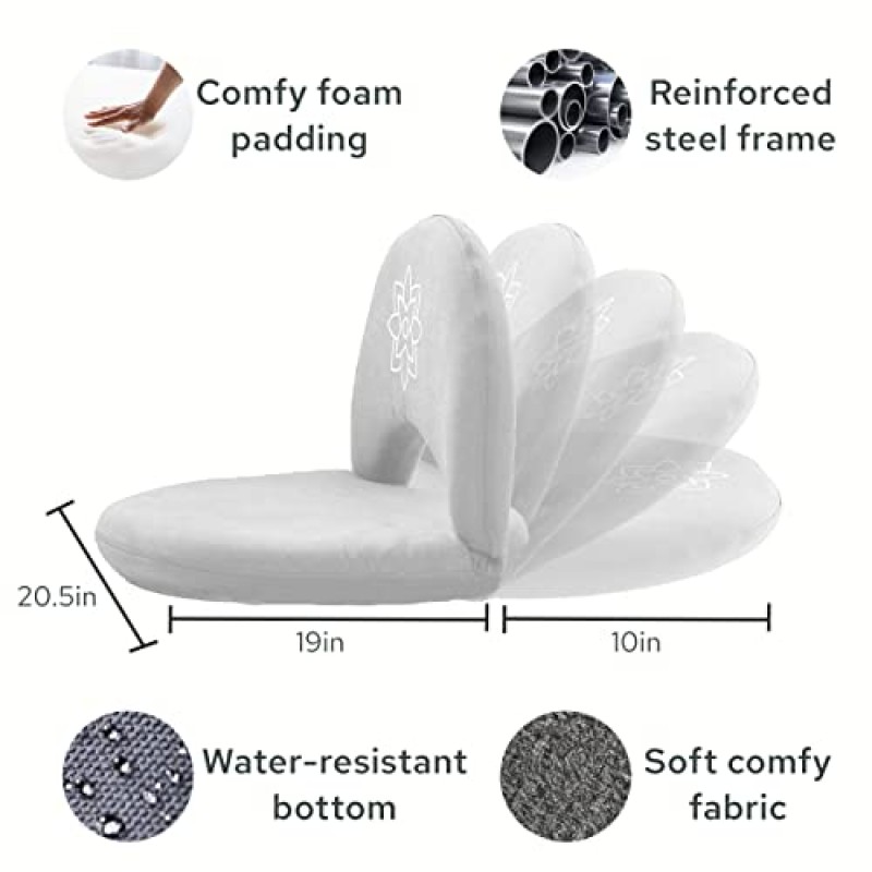 마음챙김 현대 명상 의자 | 등받이가 있는 조절 가능한 바닥 의자 | 자세 지원과 편안함을 위한 패딩 바닥 시트 | 보관용 휴대용 접이식 플랫 | 실내/실외 사용 | 클래식 화이트