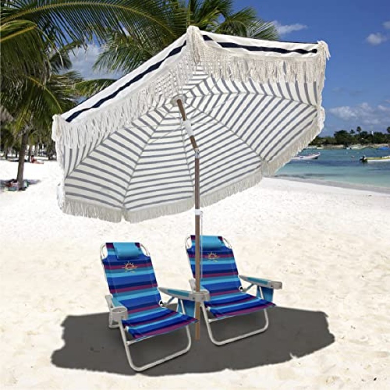 EasyGoProducts 태슬 비치 우산 7피트 – 디자이너 우산 술 장식 태슬 – 기울기 기능 – 그라운드 스테이크 - UPF 50+ UV 자외선 차단 - 이국적인 황갈색 줄무늬 – 휴대용 가방