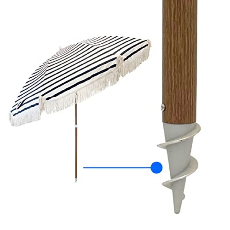 EasyGoProducts 태슬 비치 우산 7피트 – 디자이너 우산 술 장식 태슬 – 기울기 기능 – 그라운드 스테이크 - UPF 50+ UV 자외선 차단 - 이국적인 황갈색 줄무늬 – 휴대용 가방