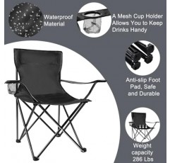 4팩 야외 접이식 의자 캠프 의자 비치 의자 휴대용 접이식 캠핑 의자 경량 잔디 의자 컵 홀더가 있는 접이식 스포츠 의자 휴대용 가방(검정색, 21.3 x 21.3 x 35.4인치)