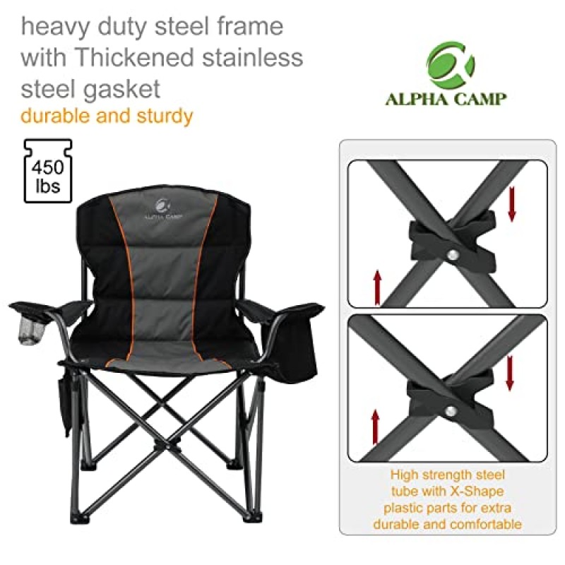 ALPHA CAMP 대형 캠핑 접이식 의자, 헤비 듀티 지원 450 LBS 강철 프레임 접이식 패딩 팔 의자(컵 홀더 포함) 쿼드 요추 등받이, 야외용 휴대용, 검정색