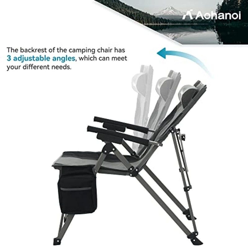 Aohanoi 캠핑 의자, 무거운 사람을 위한 캠핑 의자, 각도 조절이 가능한 등받이가 있는 야외 접이식 의자, 최대 300lbs(2개, 회색)를 지원하는 잔디 의자 접이식 의자