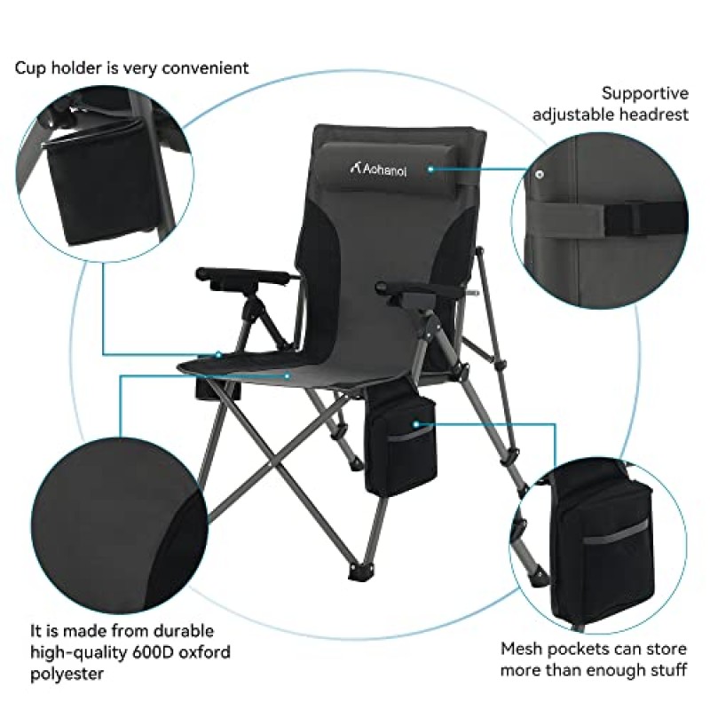 Aohanoi 캠핑 의자, 무거운 사람을 위한 캠핑 의자, 각도 조절이 가능한 등받이가 있는 야외 접이식 의자, 최대 300lbs(2개, 회색)를 지원하는 잔디 의자 접이식 의자