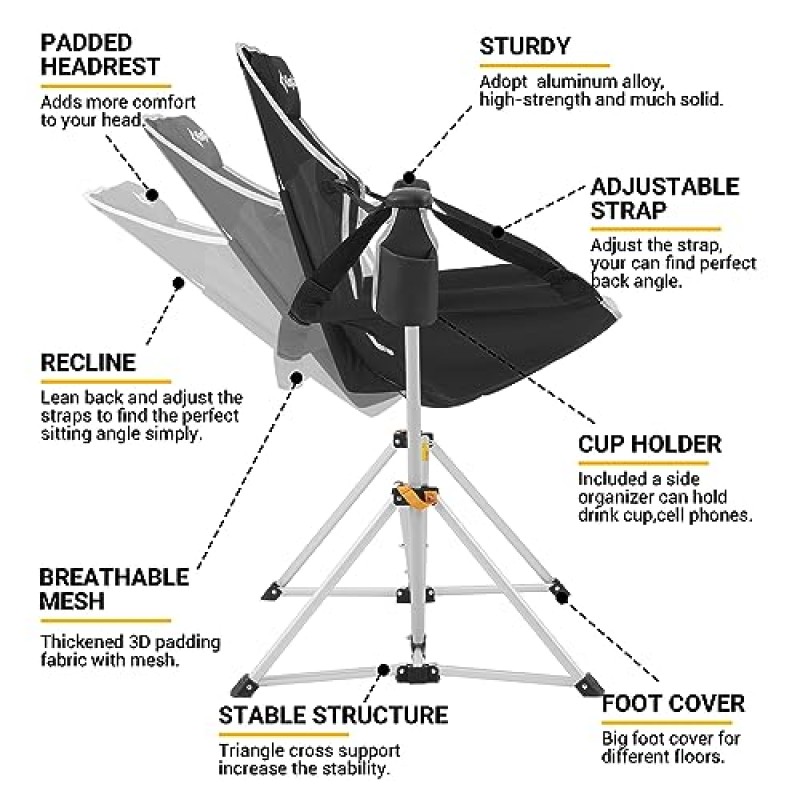 KingCamp 해먹 캠핑 의자 성인용 흔들의자 잔디밭 해변 캠프 외부 휴대용 접이식 의자 최대 264lbs 조절 가능한 등받이 운반용 가방 컵 홀더 보유