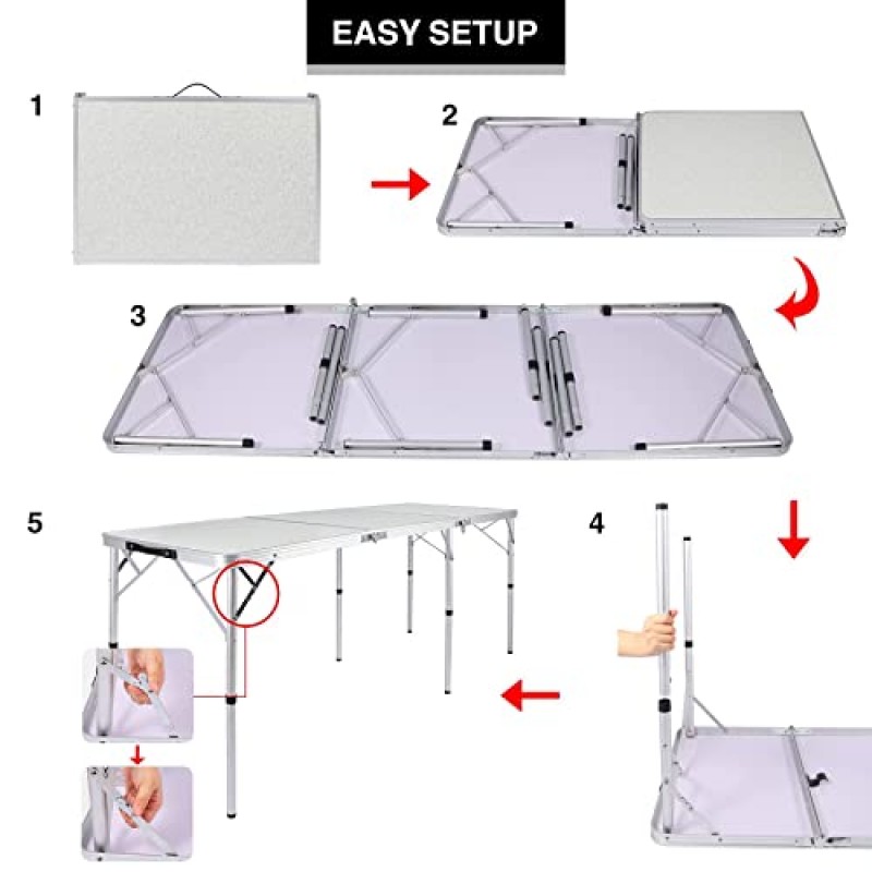 REDCAMP 접이식 캠핑 테이블 4피트, 높이 조절이 가능한 휴대용 경량 삼중 야외 테이블 알루미늄 다리, 피크닉 바비큐용 콤팩트, 흰색
