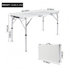 REDCAMP 접이식 캠핑 테이블 4피트, 높이 조절이 가능한 휴대용 경량 삼중 야외 테이블 알루미늄 다리, 피크닉 바비큐용 콤팩트, 흰색