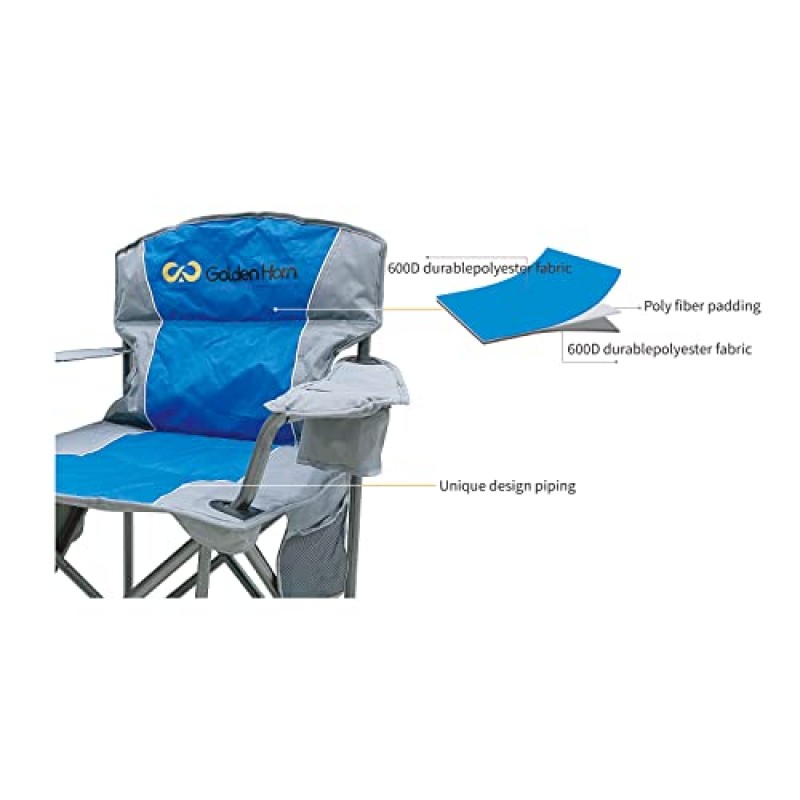 야외 대형 캠핑 접이식 의자 헤비 듀티 지원 500 LBS 대형 강철 프레임 컵 홀더가 있는 접이식 패딩 팔 의자 쿼드 요추 뒤, 블루 골든 혼
