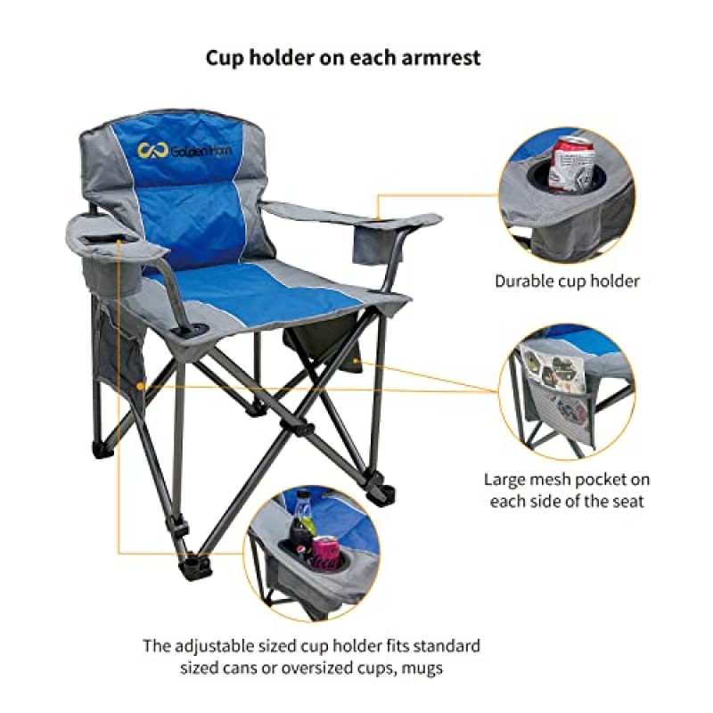 야외 대형 캠핑 접이식 의자 헤비 듀티 지원 500 LBS 대형 강철 프레임 컵 홀더가 있는 접이식 패딩 팔 의자 쿼드 요추 뒤, 블루 골든 혼